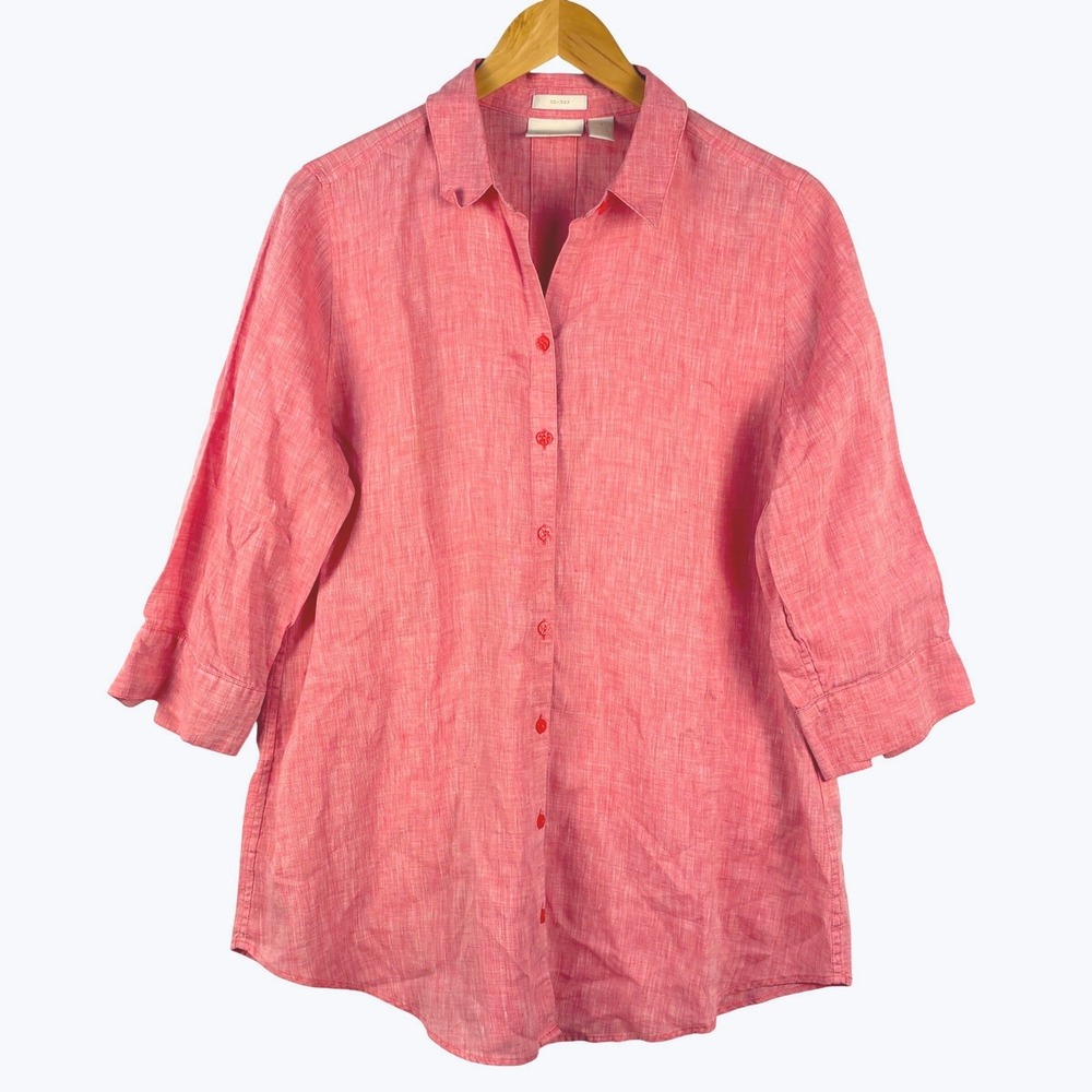 Chico's No-Iron 100% Linen Shirt 3/4 Sleeve 1 M Breathable Coastal Summer Casual